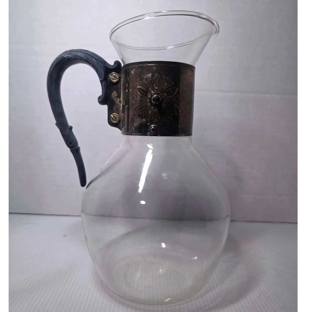 Vintage Glass Carafe Silver Plated Collar Black Plastic Handle Floral Motif